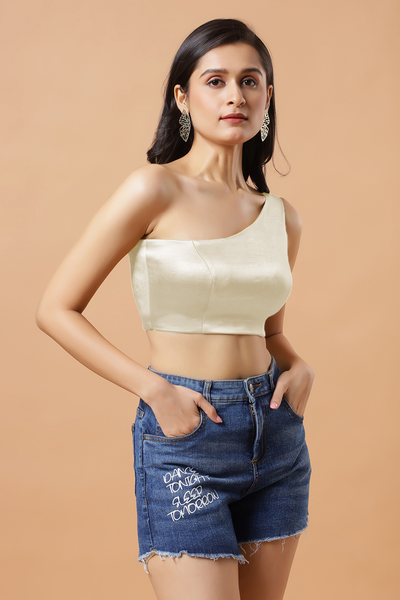 Giana Off White One Shoulder Satin Stretch Blouse