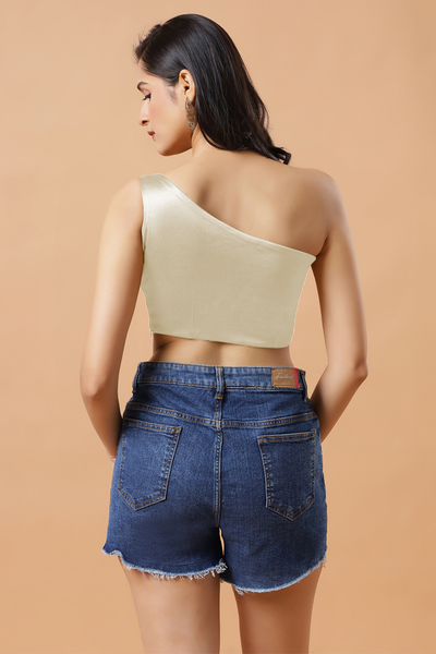 Giana Off White One Shoulder Satin Stretch Blouse