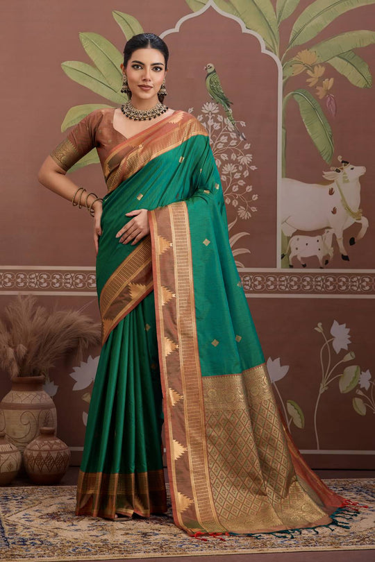 Tessa Emerald Green Silk Woven With Zari Work Ready to Wear Saree