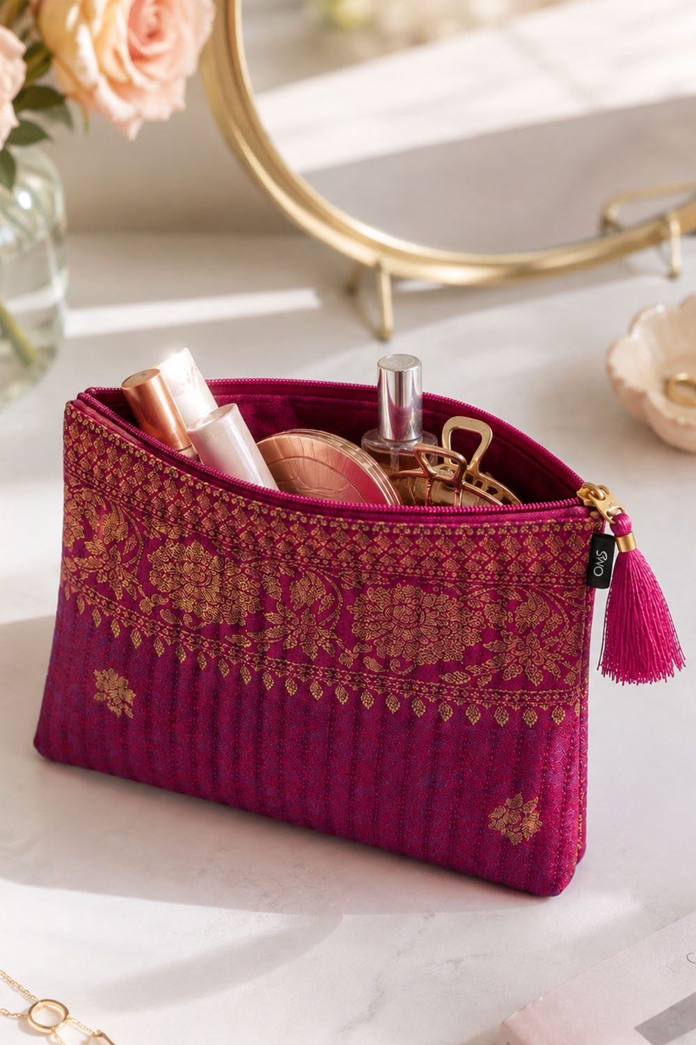 Ana Purple Banarasi Silk Medium Zipper Pouch