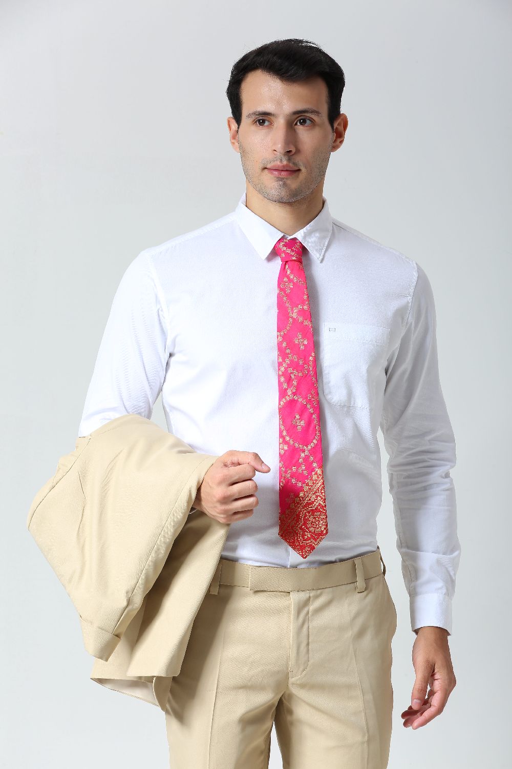 Pink Ethnic Gold Motif Silk Sari Tie