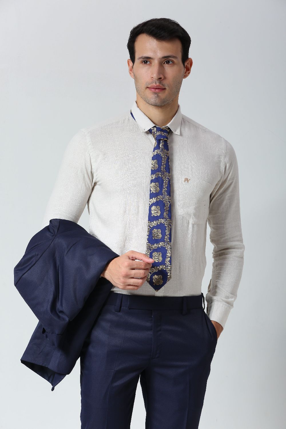 Navy Blue Ethnic Gold Motif Silk Sari Tie