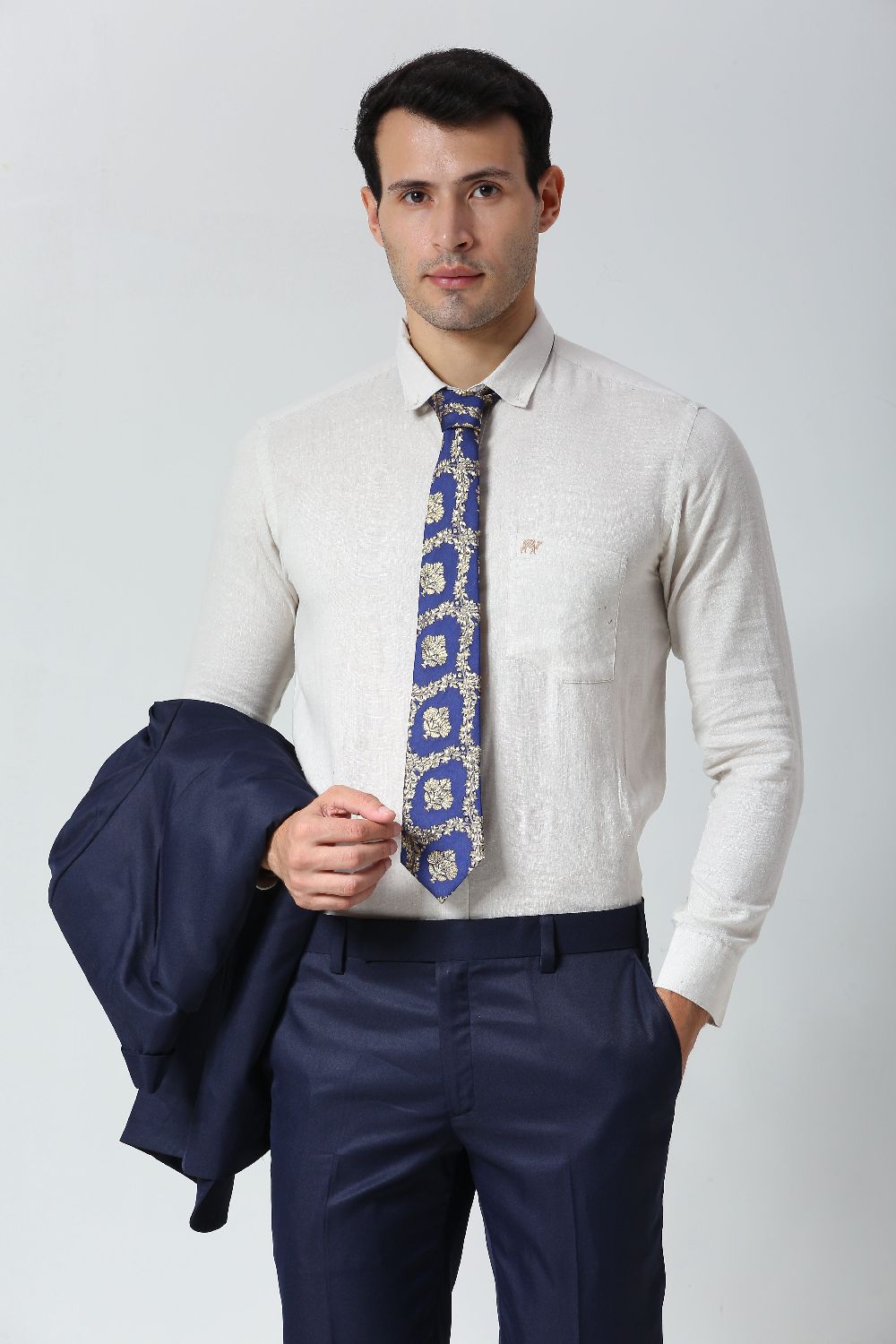 Navy Blue Ethnic Gold Motif Silk Sari Tie