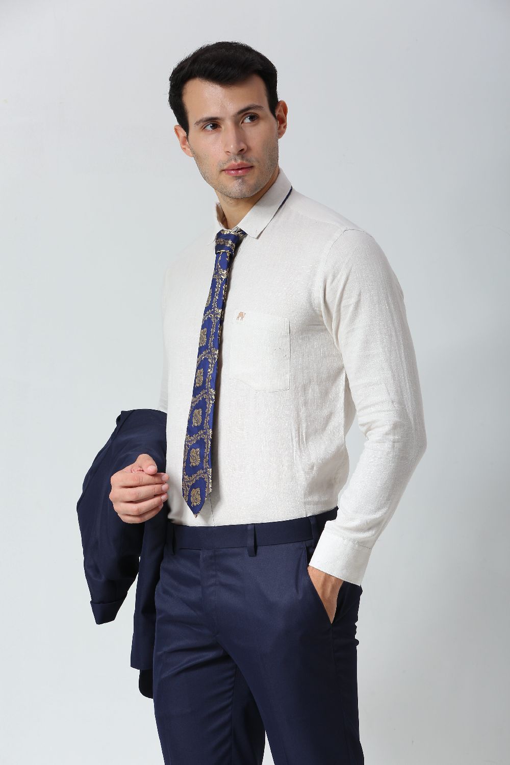 Navy Blue Ethnic Gold Motif Silk Sari Tie