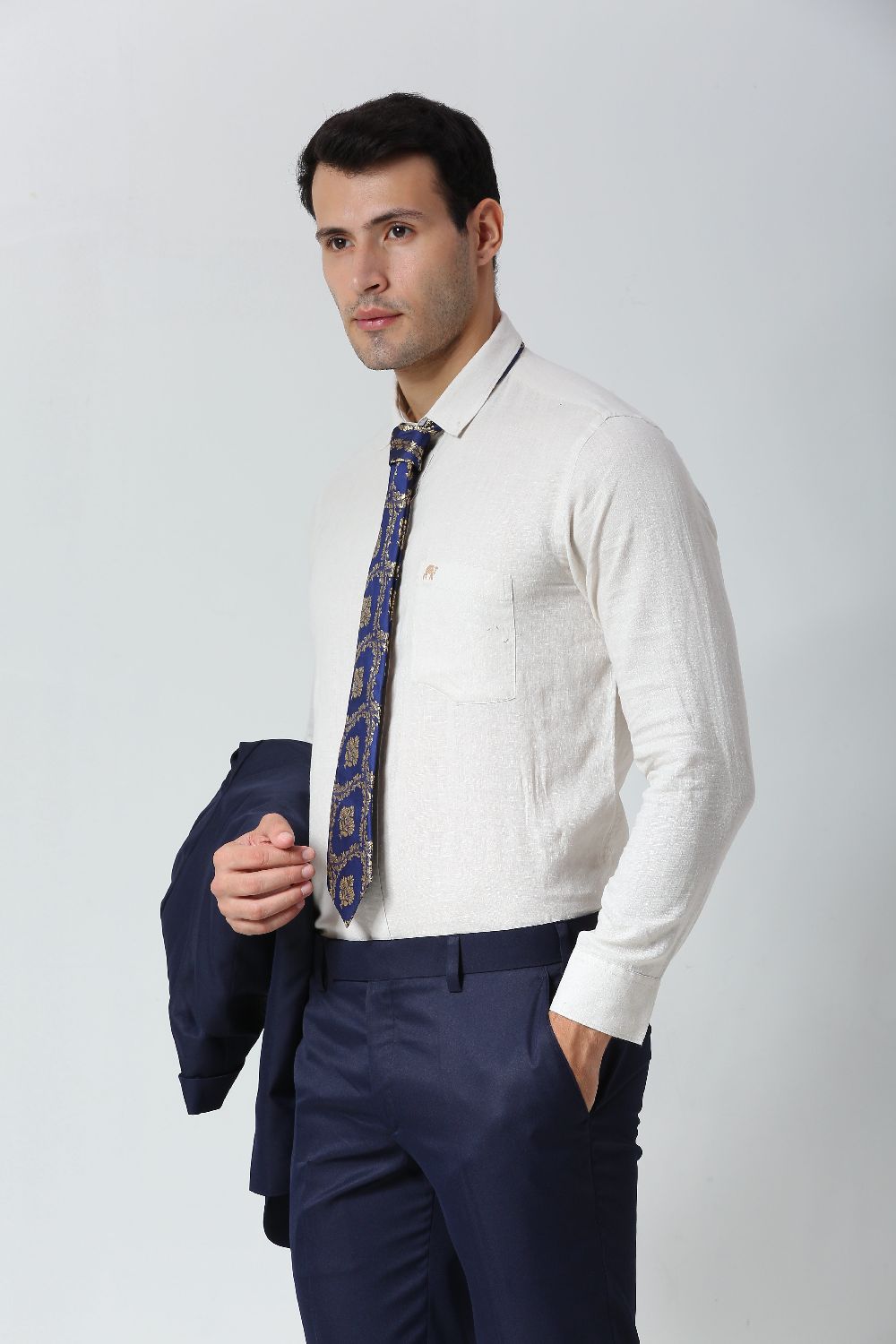 Navy Blue Ethnic Gold Motif Silk Sari Tie