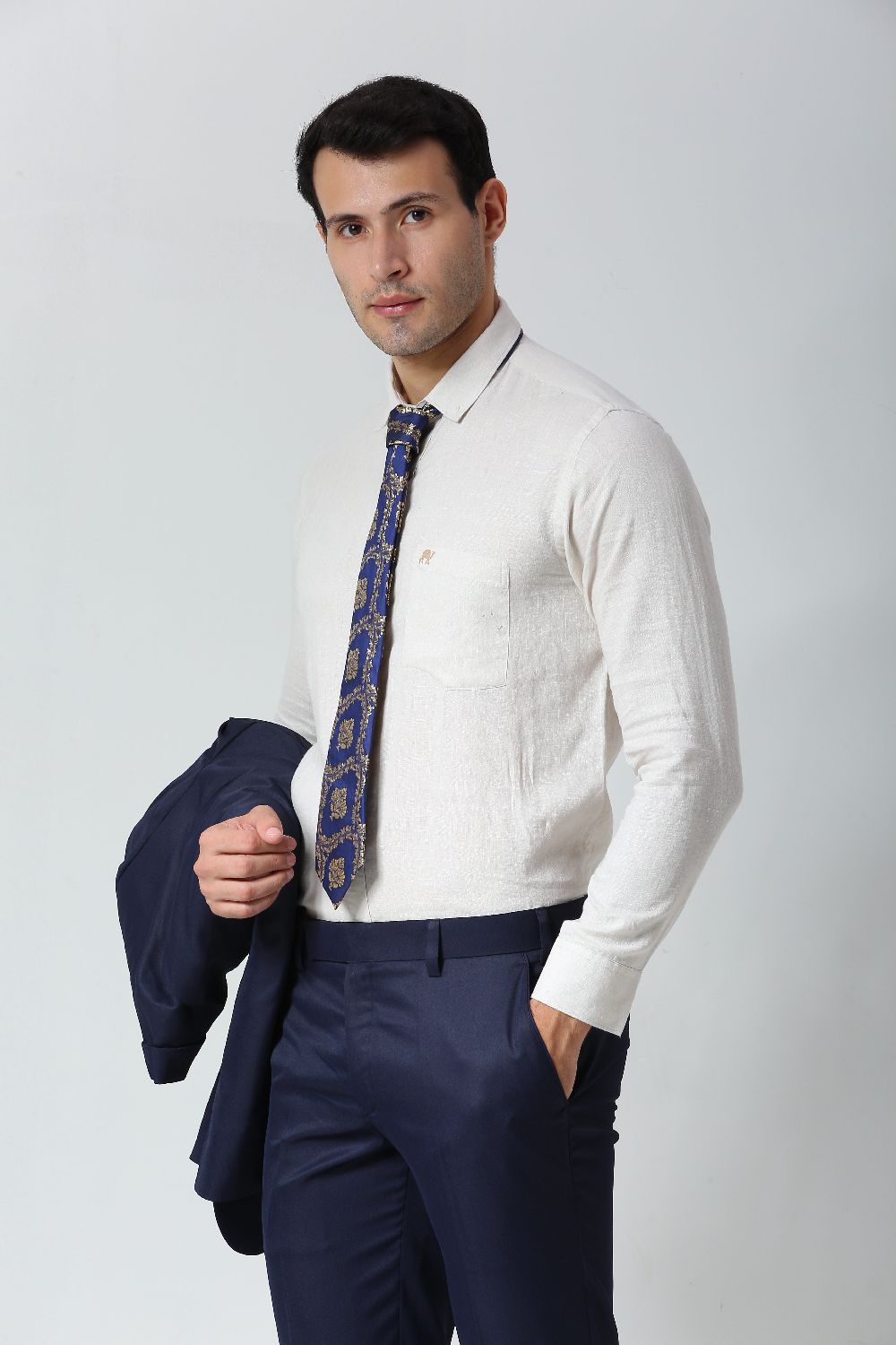 Navy Blue Ethnic Gold Motif Silk Sari Tie