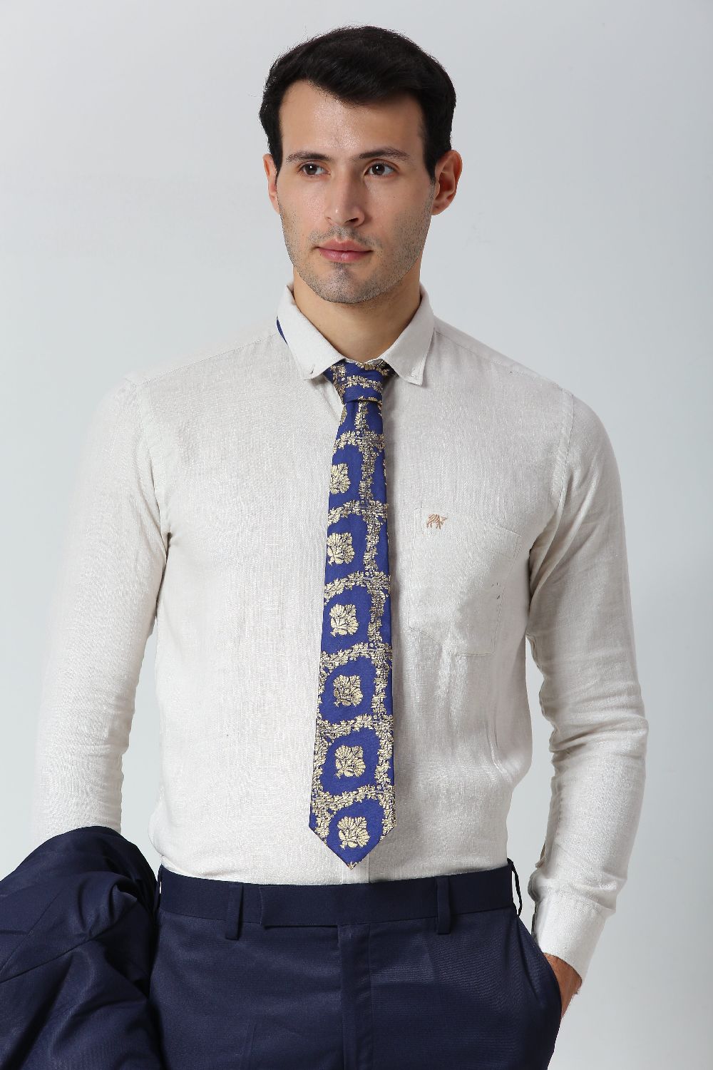 Navy Blue Ethnic Gold Motif Silk Sari Tie