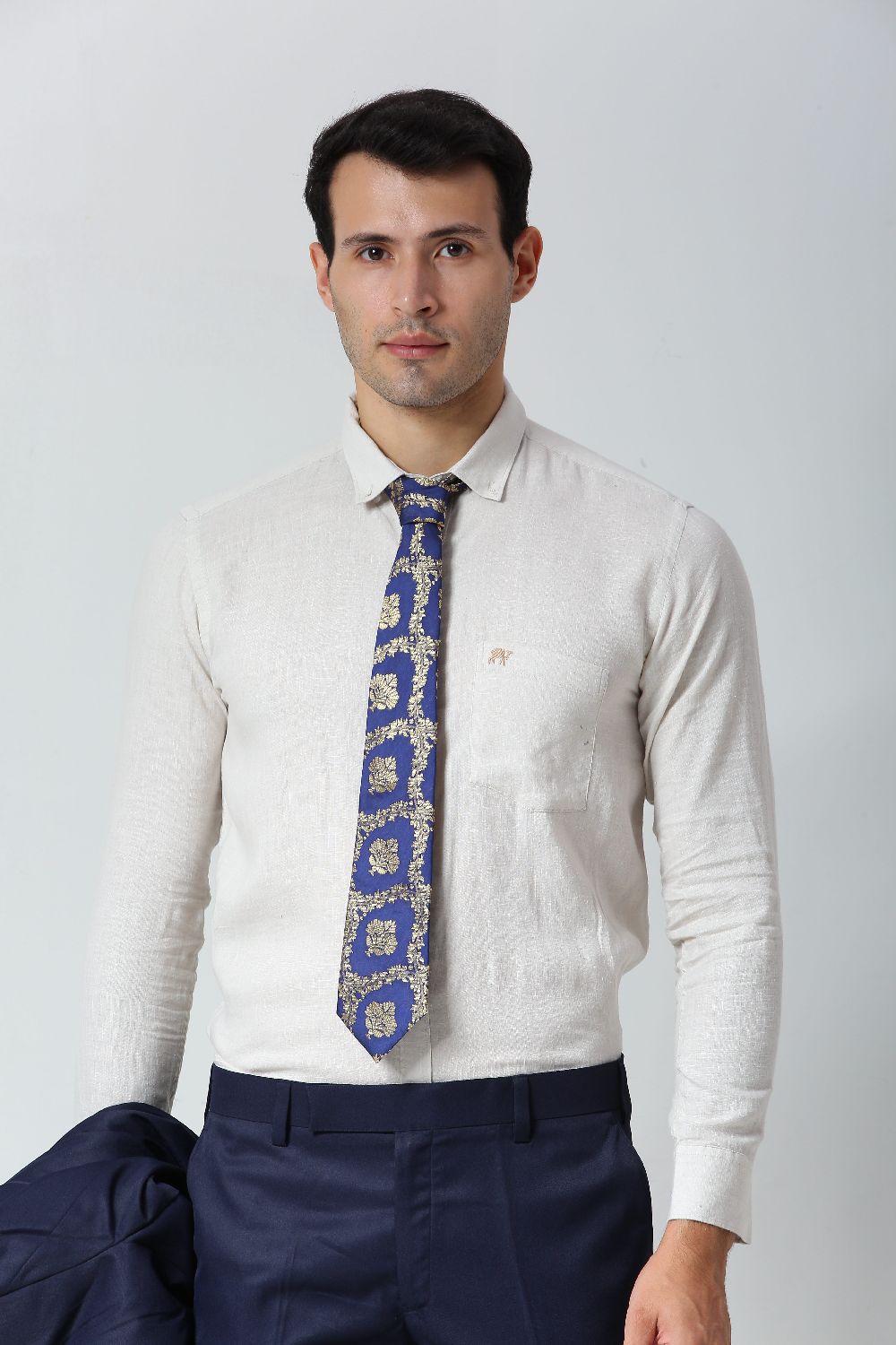 Navy Blue Ethnic Gold Motif Silk Sari Tie