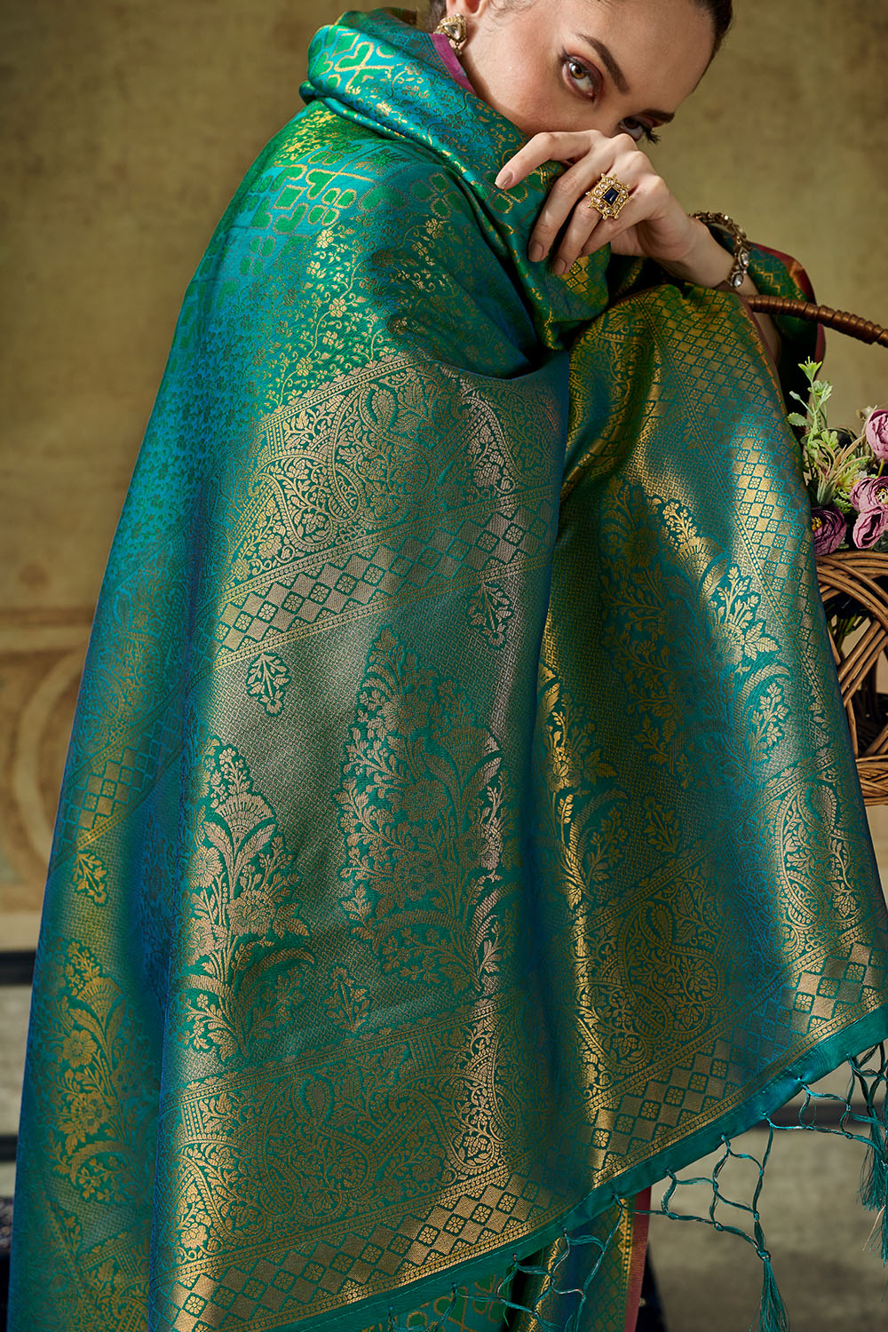 Azalea Teal Green Handloom Silk Zari Woven Designer Ready to Wear Saree