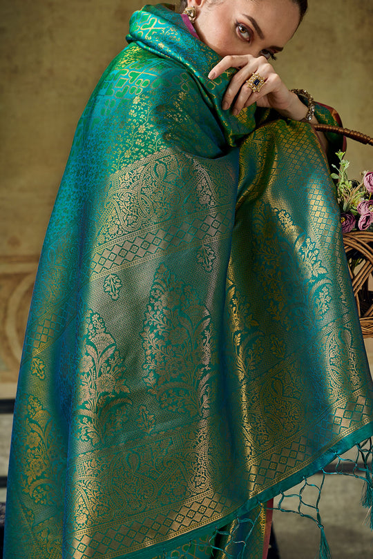 Azalea Teal Green Handloom Silk Zari Woven Designer Ready to Wear Saree