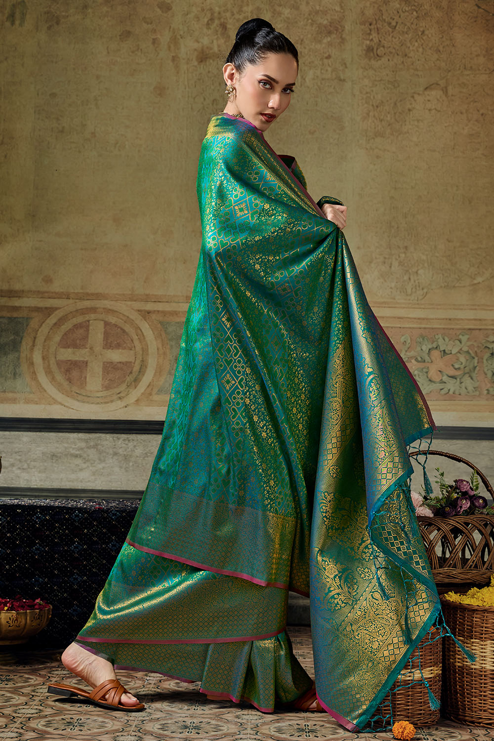 Azalea Teal Green Handloom Silk Zari Woven Designer Ready to Wear Saree