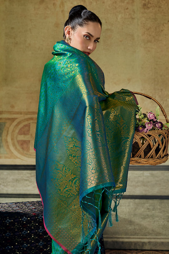 Azalea Teal Green Handloom Silk Zari Woven Designer Ready to Wear Saree