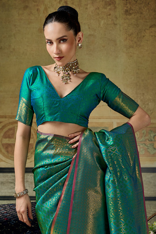 Azalea Teal Green Handloom Silk Zari Woven Designer Ready to Wear Saree