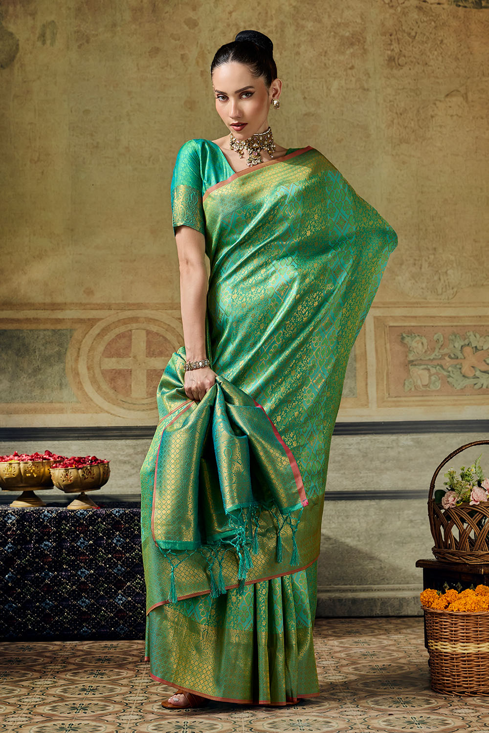 Azalea Sea Green Handloom Silk Zari Woven Designer Ready to Wear Saree