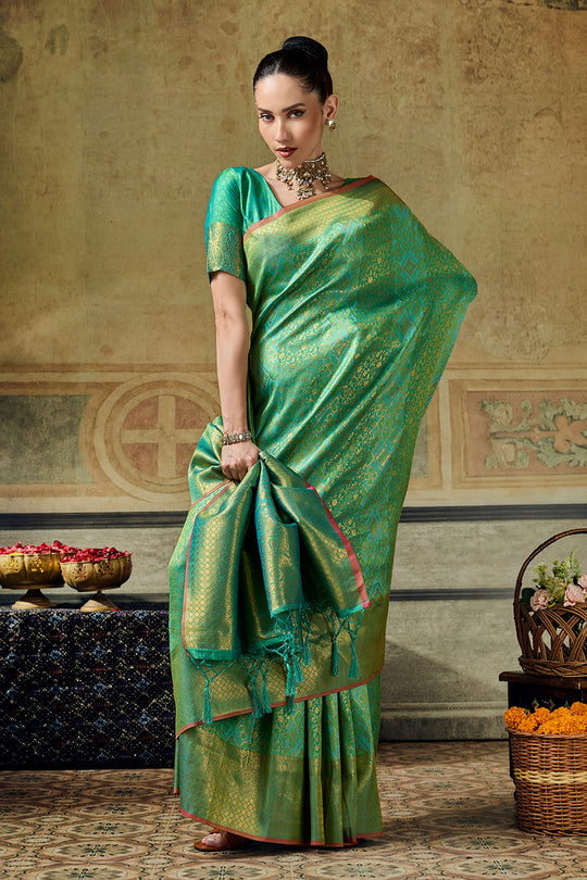 Azalea Sea Green Handloom Silk Zari Woven Designer Ready to Wear Saree