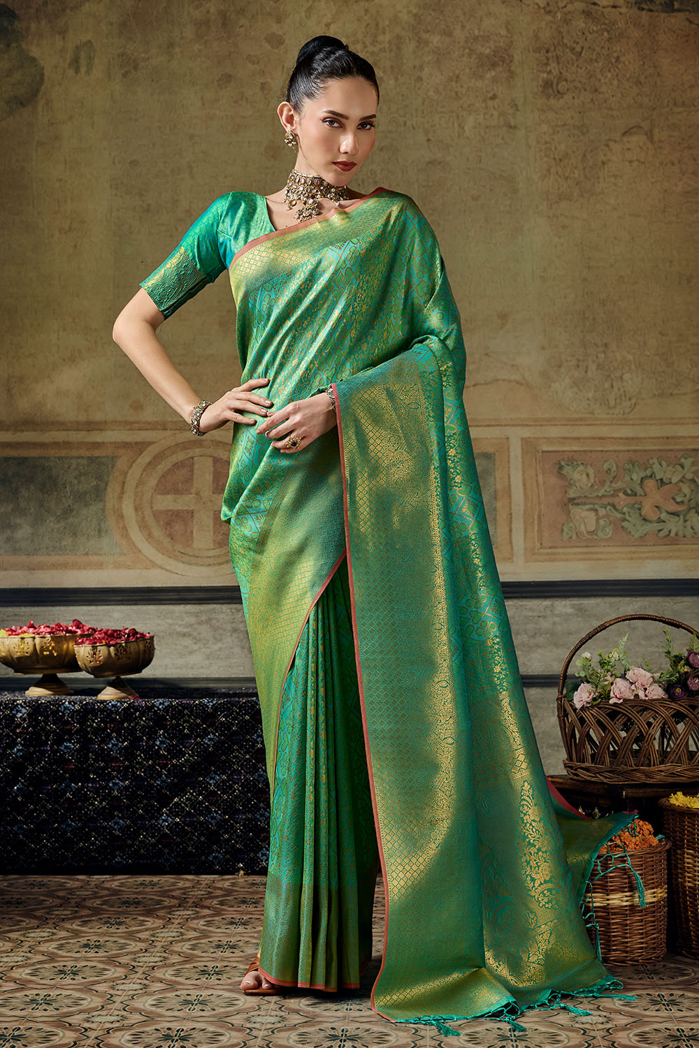 Azalea Sea Green Handloom Silk Zari Woven Designer Ready to Wear Saree