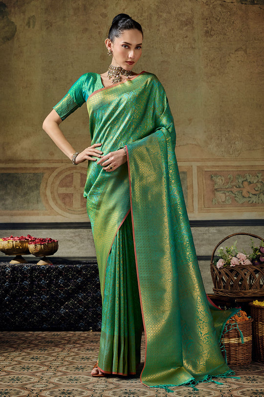 Azalea Sea Green Handloom Silk Zari Woven Designer Ready to Wear Saree