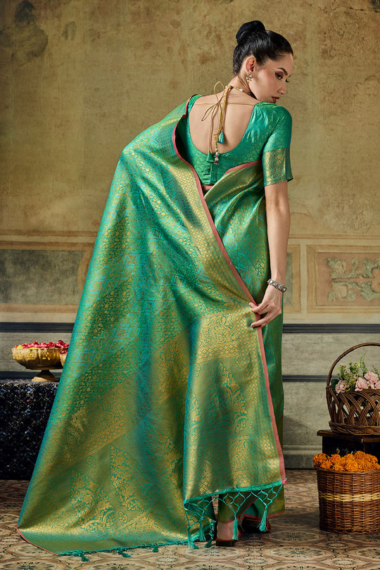 Azalea Sea Green Handloom Silk Zari Woven Designer Ready to Wear Saree