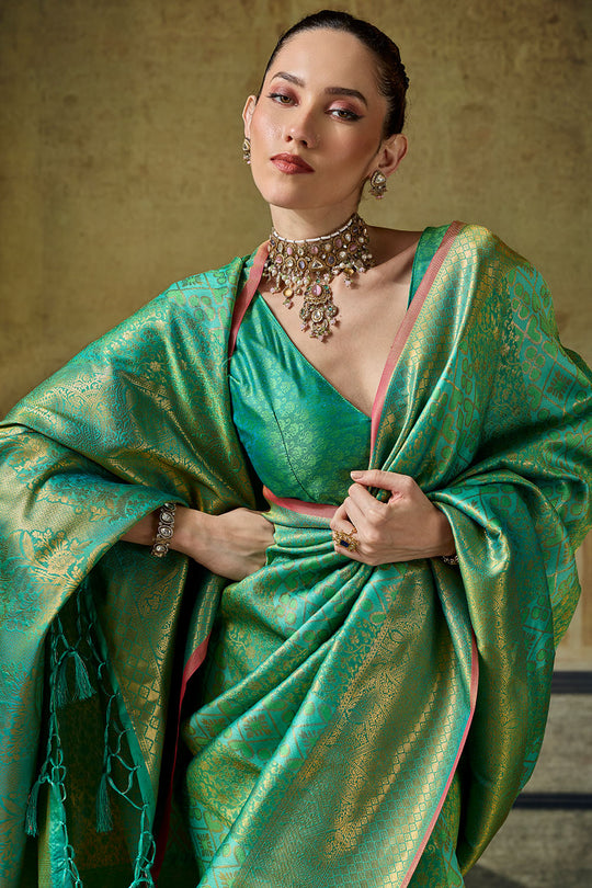 Azalea Sea Green Handloom Silk Zari Woven Designer Ready to Wear Saree