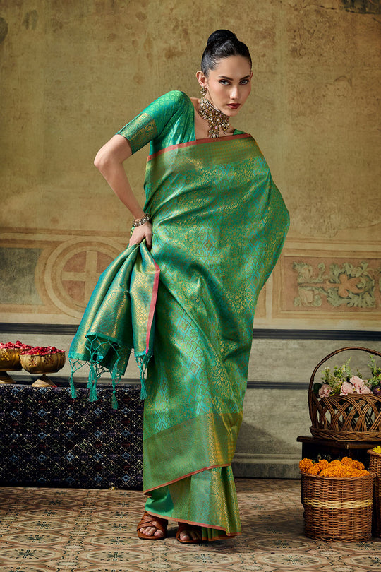 Azalea Sea Green Handloom Silk Zari Woven Designer Ready to Wear Saree