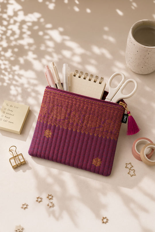 Ana Purple Banarasi Silk Medium Zipper Pouch