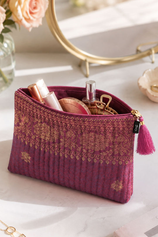 Ana Purple Banarasi Silk Medium Zipper Pouch