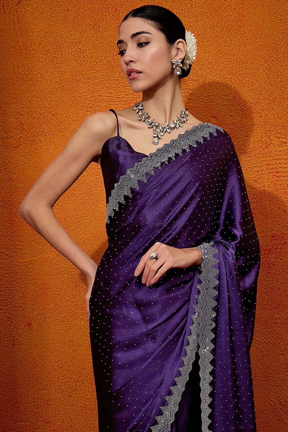 Taylor Dark Purple Satin Silk Embellished Designer Ready to Wear One Minute Saree