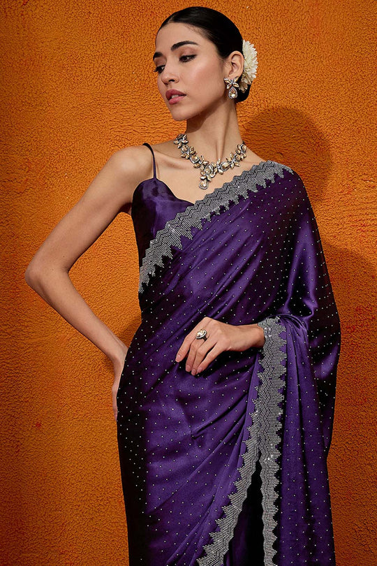Taylor Dark Purple Satin Silk Embellished Designer Ready to Wear One Minute Saree