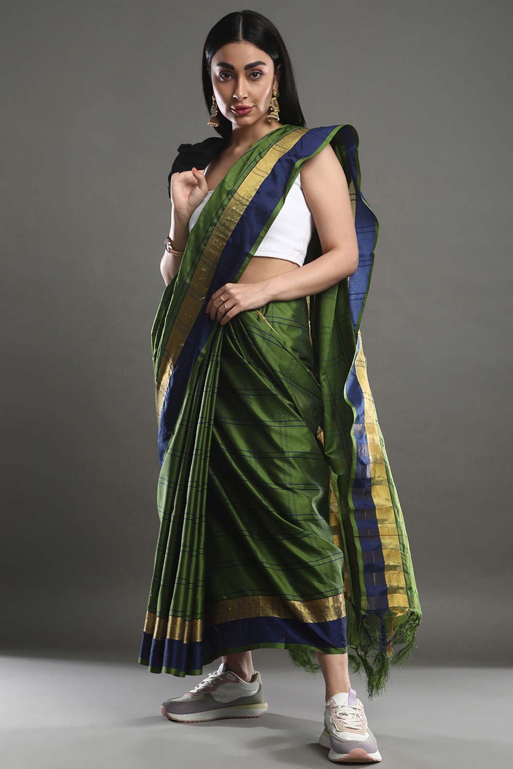 Jiya Green Cotton Blend Printed One Minute Saree