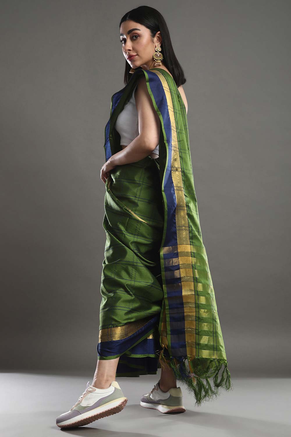 Jiya Green Cotton Blend Printed One Minute Saree