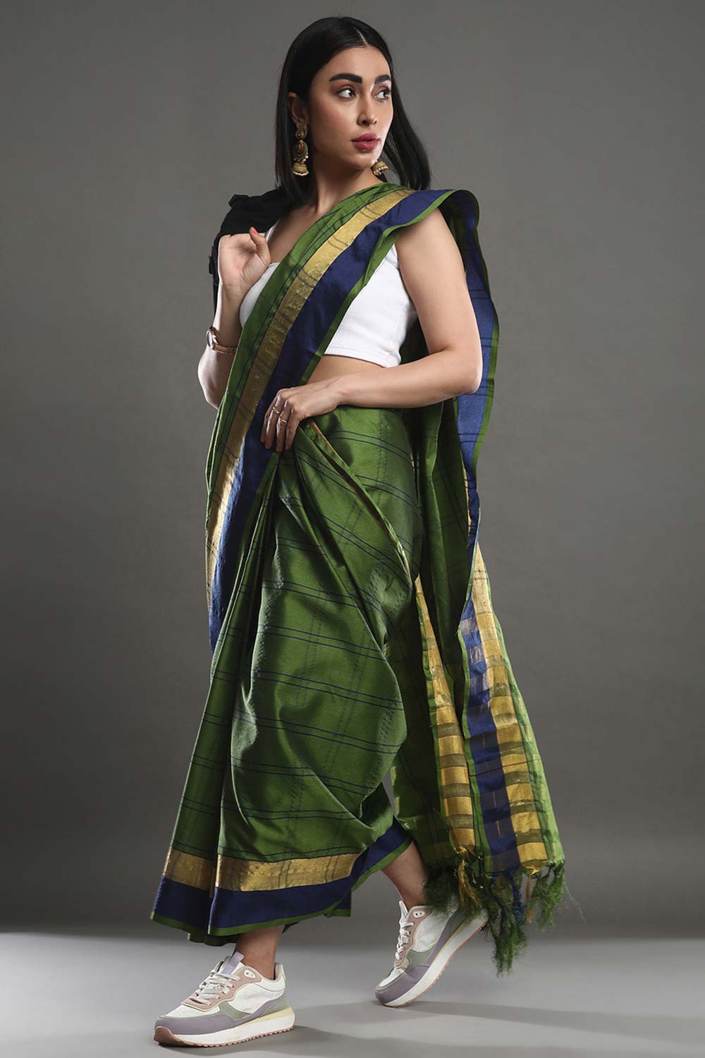 Jiya Green Cotton Blend Printed One Minute Saree