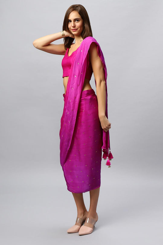 Jolie Magenta Chinon Silk Sarong Saree with Gold Sequins