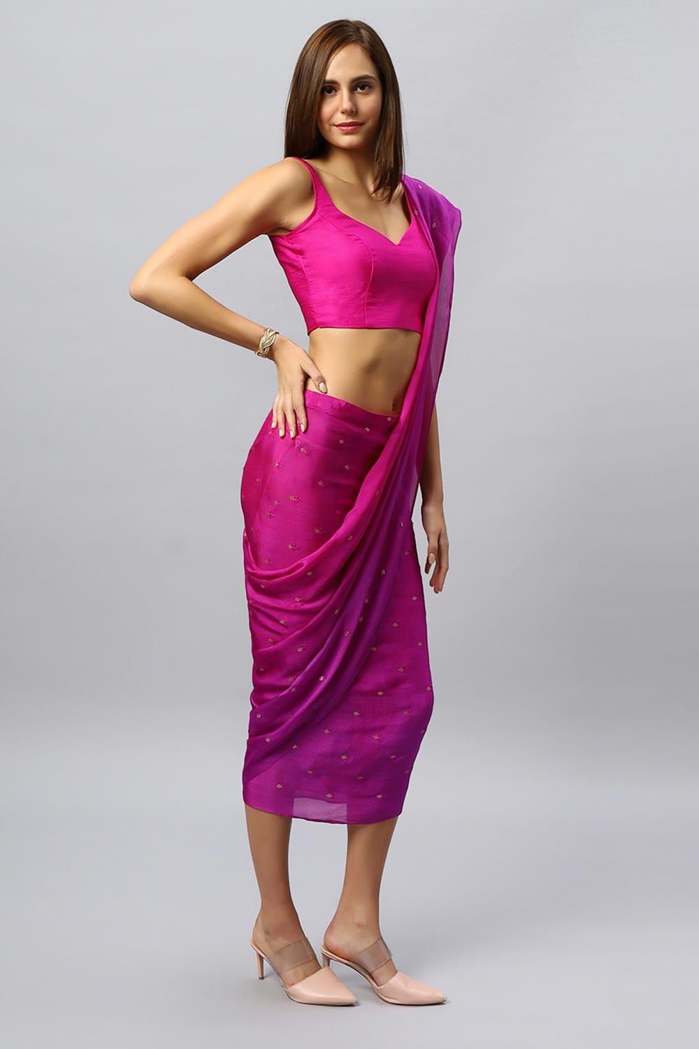 Jolie Magenta Chinon Silk Sarong Saree with Gold Sequins