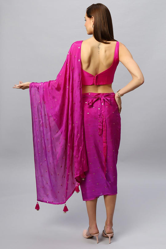 Jolie Magenta Chinon Silk Sarong Saree with Gold Sequins