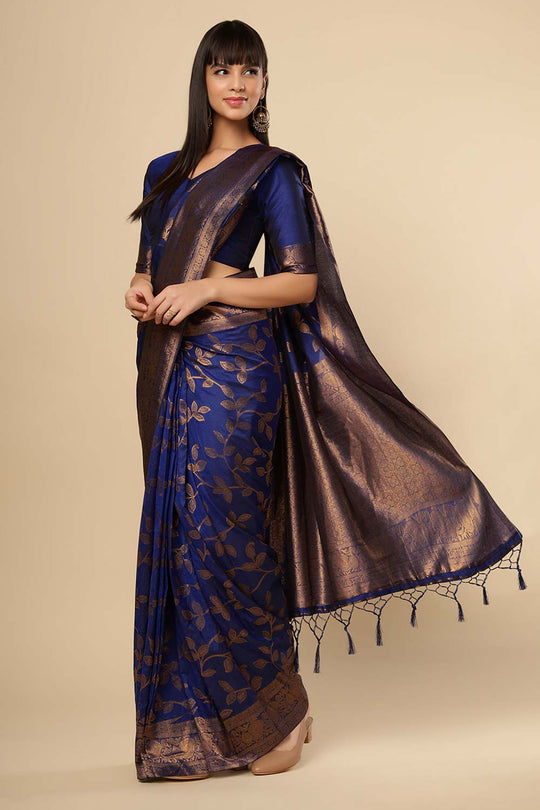 Drew Navy Blue Art Silk Kanjivaram One Minute Saree