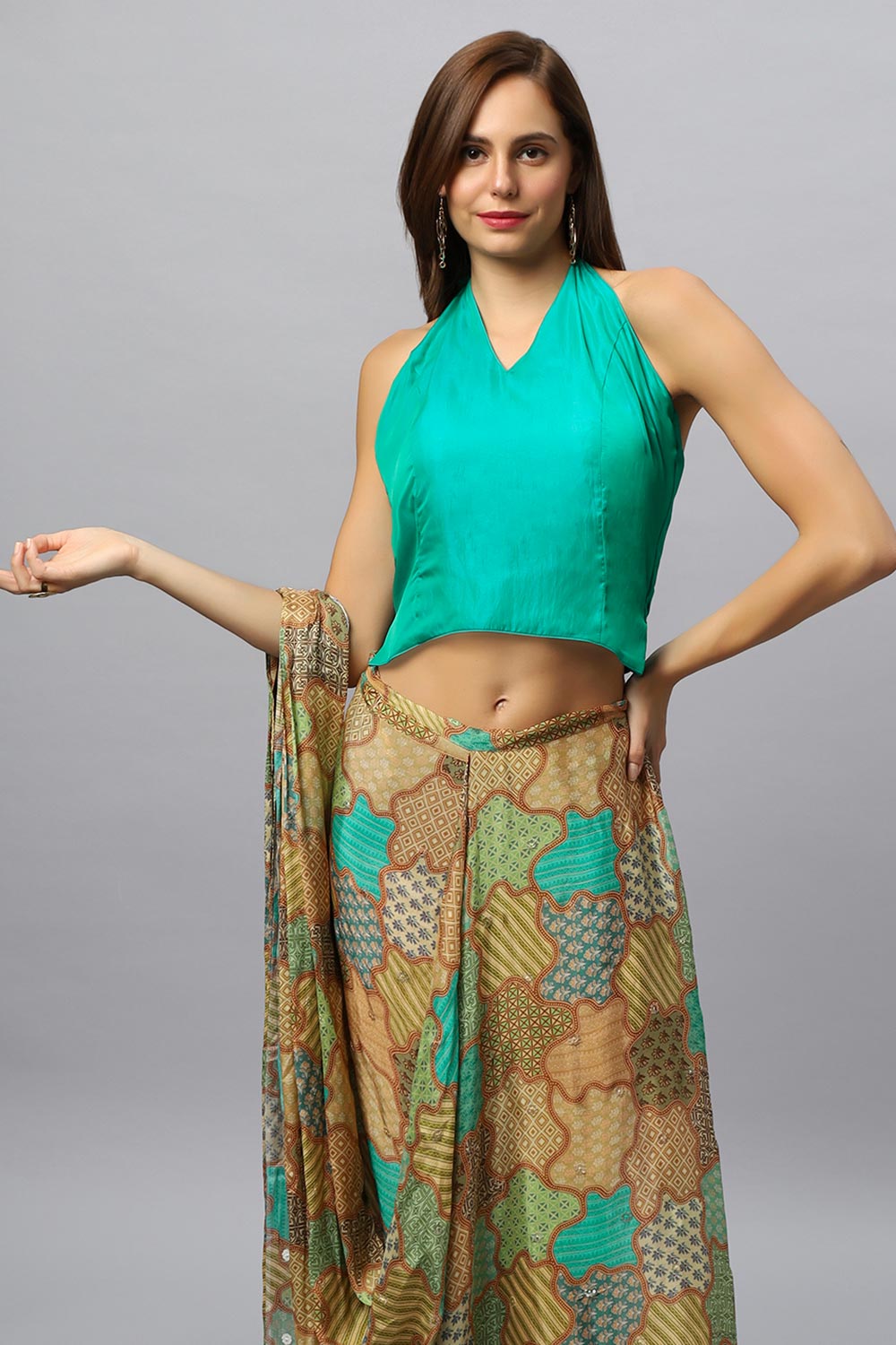 Kaia Halter V-Neck Tie Back Satin Silk Blouse