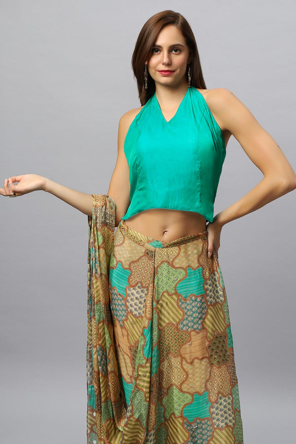 Kaia Halter V-Neck Tie Back Satin Silk Blouse