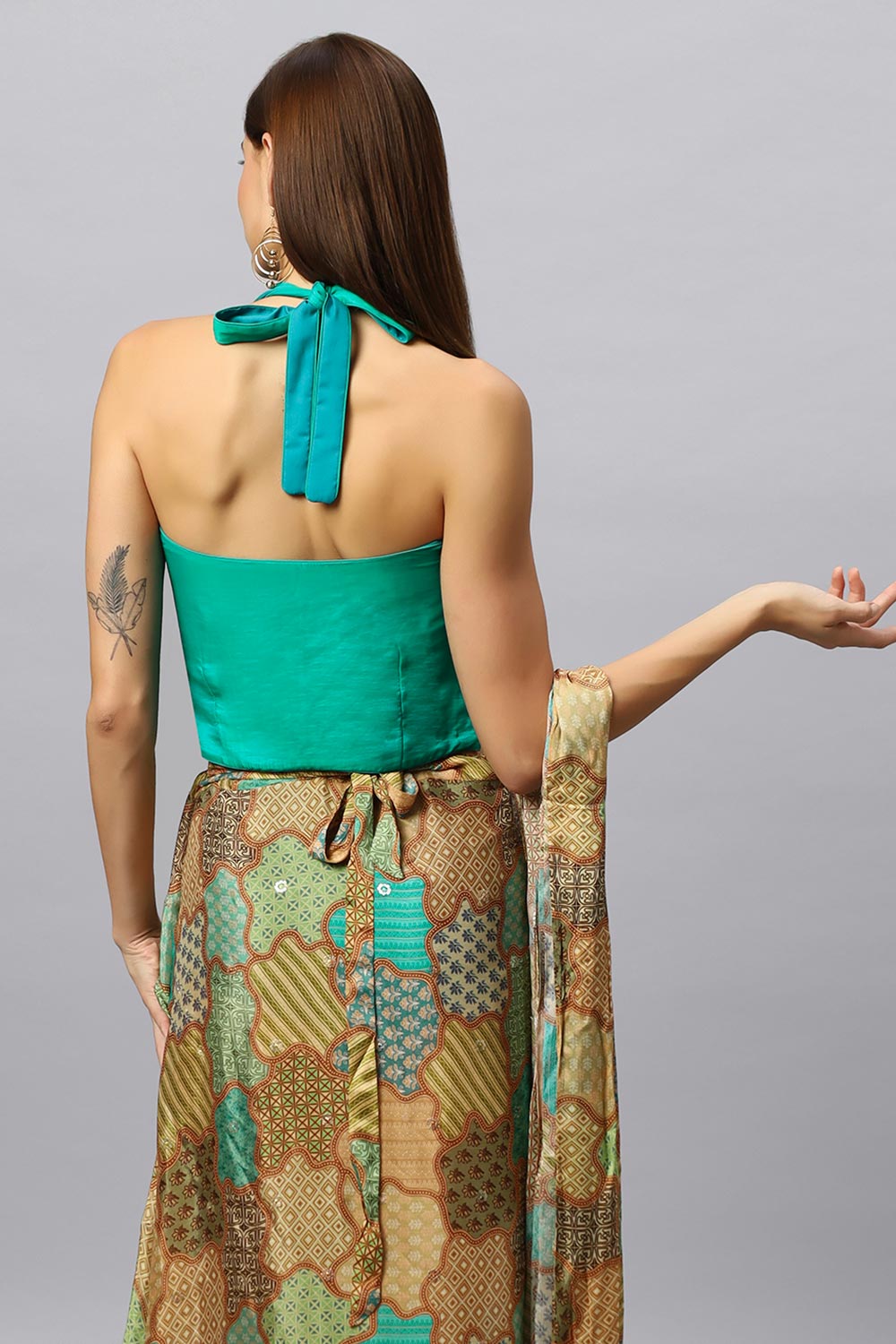Kaia Halter V-Neck Tie Back Satin Silk Blouse