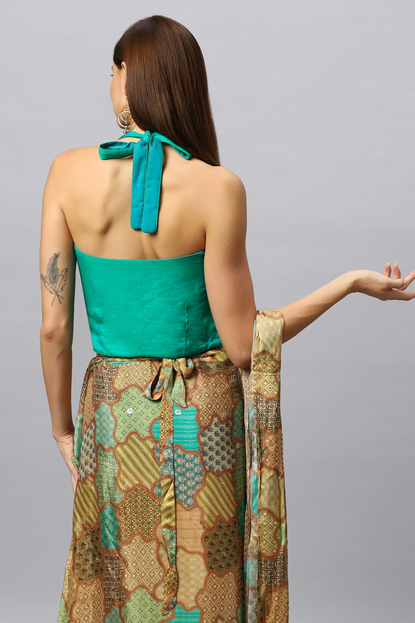 Kaia Halter V-Neck Tie Back Satin Silk Blouse