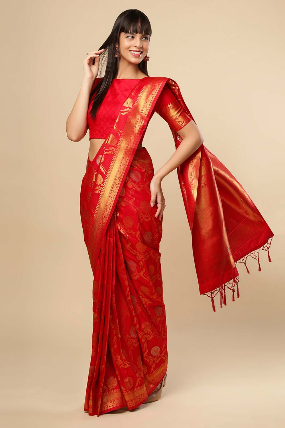 Silia Red Silk Blend Banarasi One Minute Saree