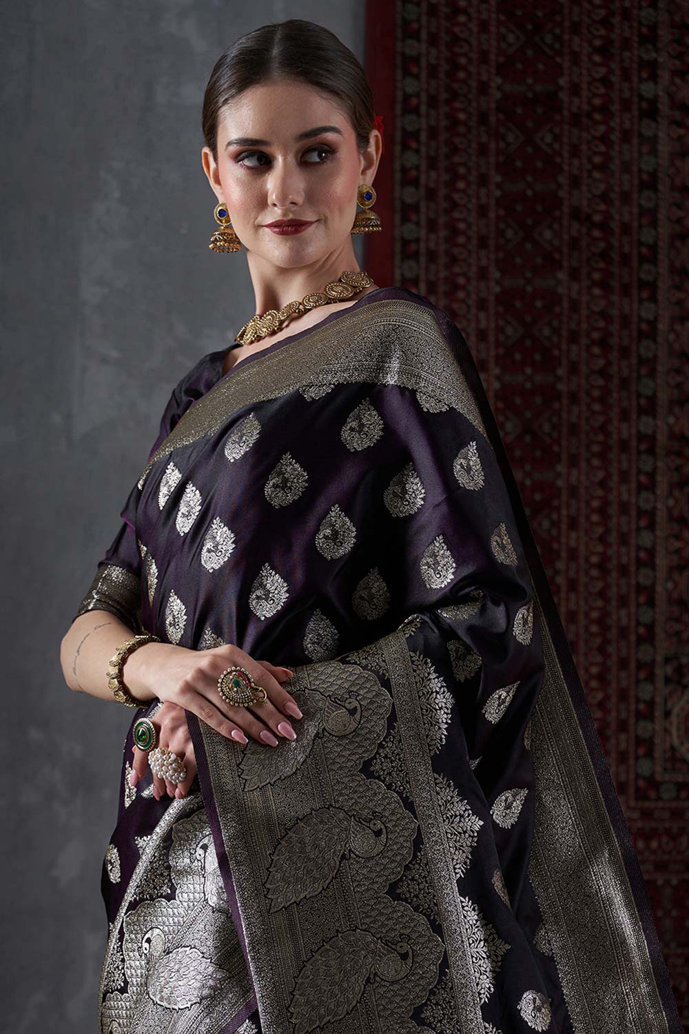 Ashley Violet Satin Printed One Minute Saree