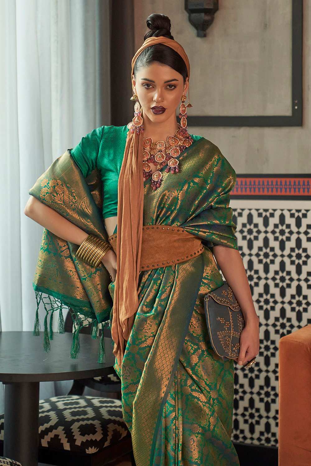 Keisha Green Silk Blend Ethnic Motif Ready To Wear One Minute Saree