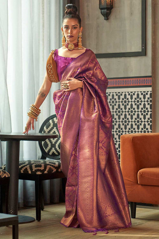 Purple Silk Blend Ethnic Motif Ready To Wear One Minute Saree