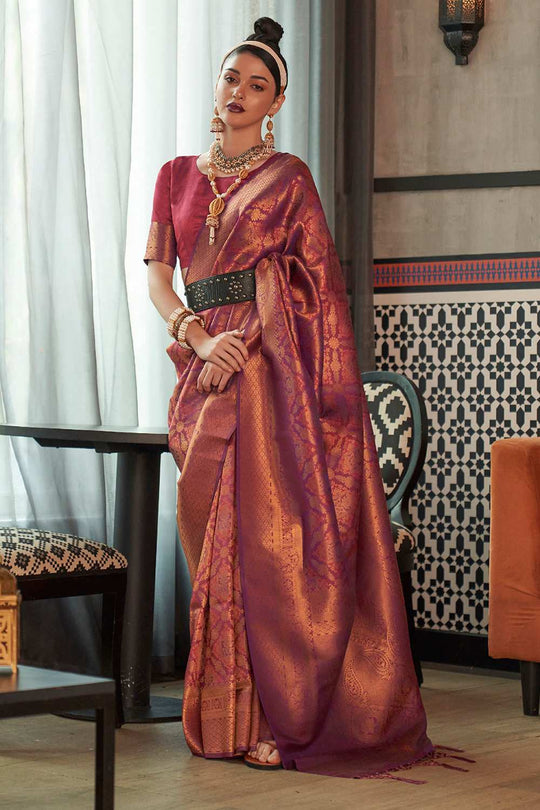 Keisha Purple Silk Blend Ethnic Motif Ready To Wear One Minute Saree