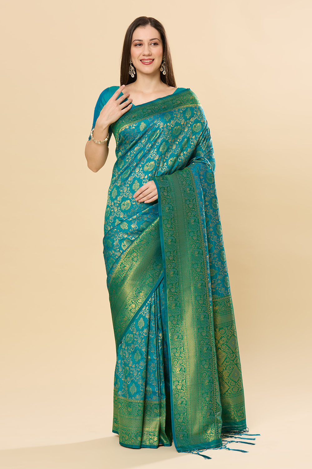 Ready to Wear Saree Katrina Green & Teal Blue Silk Blend Dharmavaram Saree
