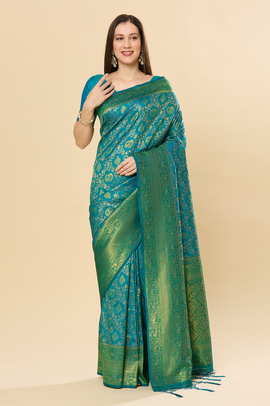 Ready to Wear Saree Katrina Green & Teal Blue Silk Blend Dharmavaram Saree