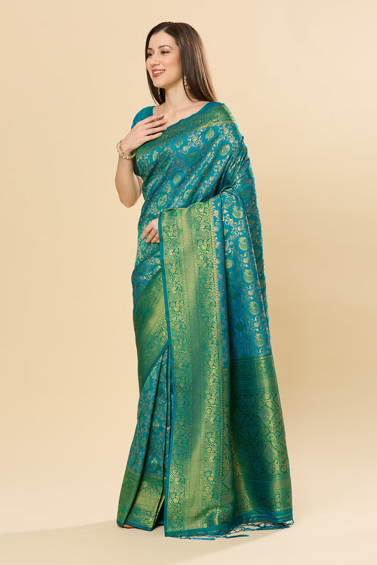 Ready to Wear Saree Katrina Green & Teal Blue Silk Blend Dharmavaram Saree