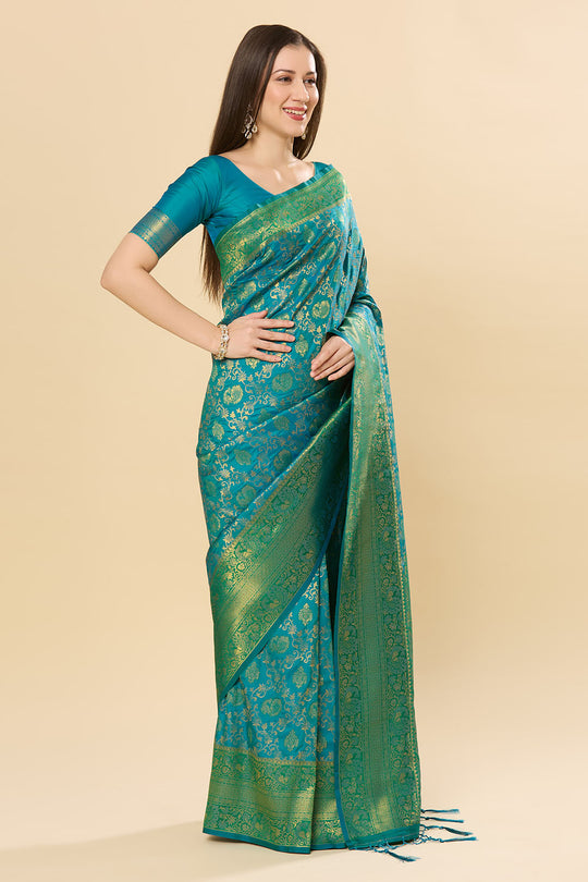 Ready to Wear Saree Katrina Green & Teal Blue Silk Blend Dharmavaram Saree