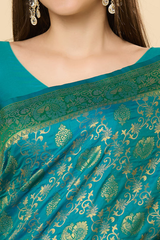 Ready to Wear Saree Katrina Green & Teal Blue Silk Blend Dharmavaram Saree