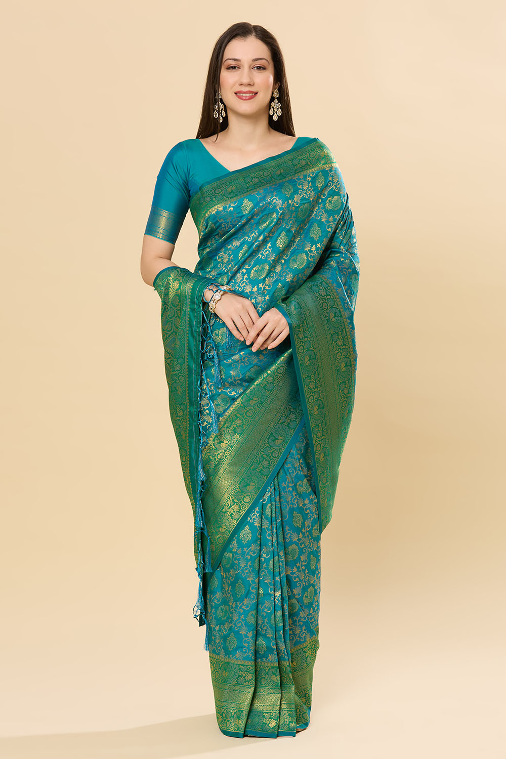 Ready to Wear Saree Katrina Green & Teal Blue Silk Blend Dharmavaram Saree